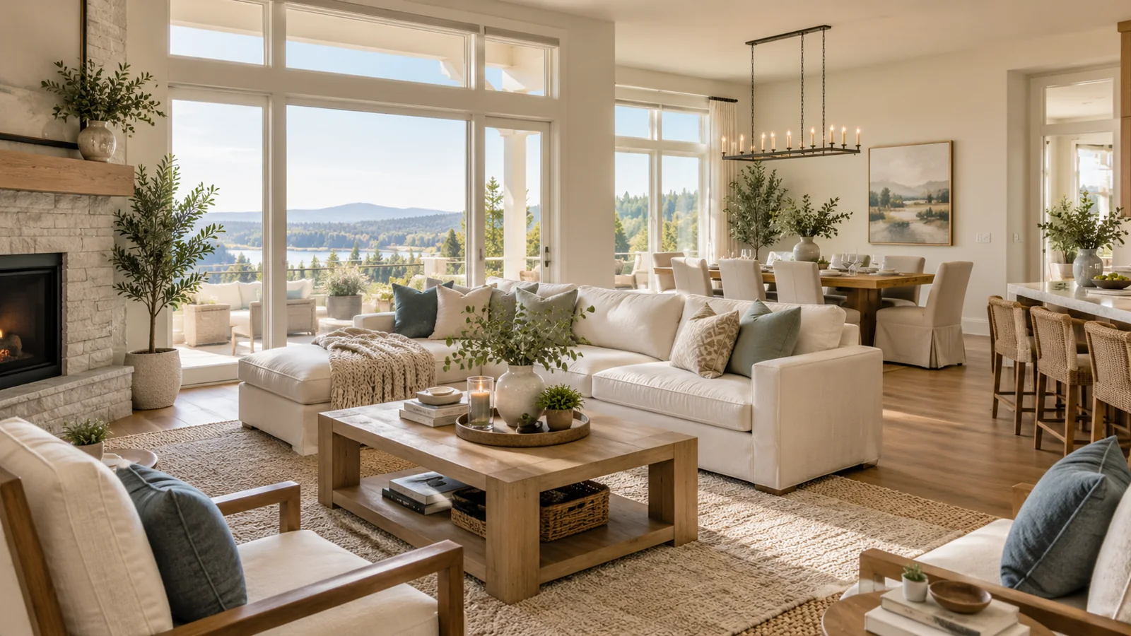 Thoughtfully staged neutral living and dining room